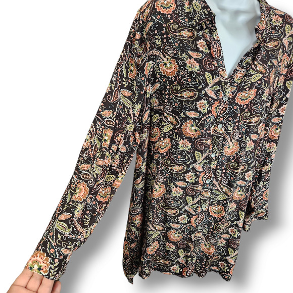 J Jill Buttoned Tunic Blouse Large Petite Black Pink Floral Filigree Lightweight - Picture 4 of 10